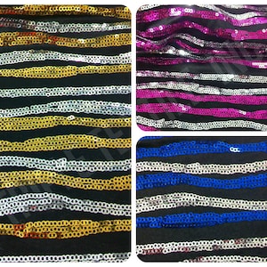 3mm Shiny Mini Micro Sequin Line Waves Pattern on Black Polyester Spandex Fabric - 56 to 58 Inches Wide - By the Yard or Bulk