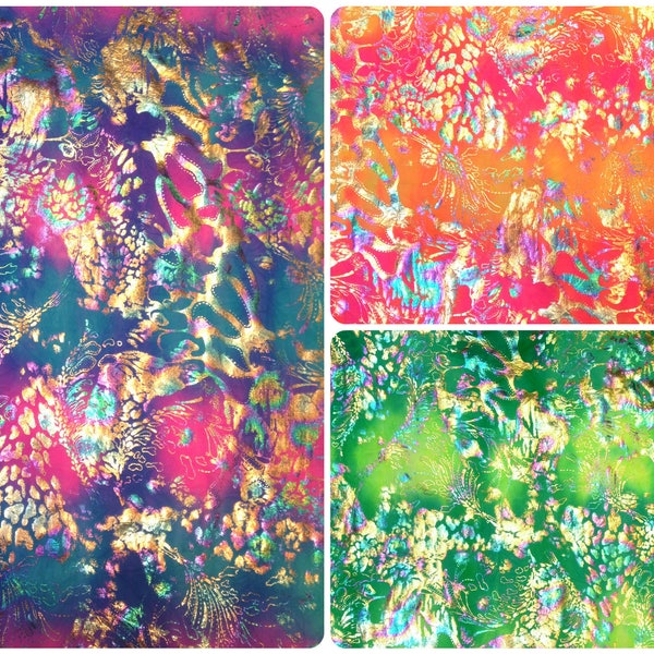 Shiny Rainbow Foil Abstract Pattern on Bright Crease Stretch Nylon Spandex Fabric - 58 to 60 Inches Wide