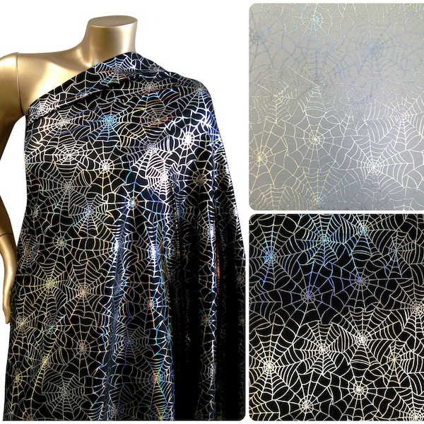 Spiderweb Pattern Shiny Silver Iridescent Foil on Stretch Nylon Spandex Shiny Tricot Fabric - 58" Wide - By the Yard/Bulk