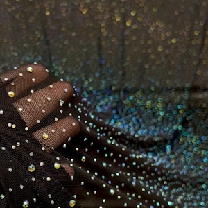 NUEVA Hermosa y elegante malla elástica con diamantes de imitación (multicolor o alineados) Tela cortada a medida o rollo (NEGRO) / Tela para nosotros / imagen 1