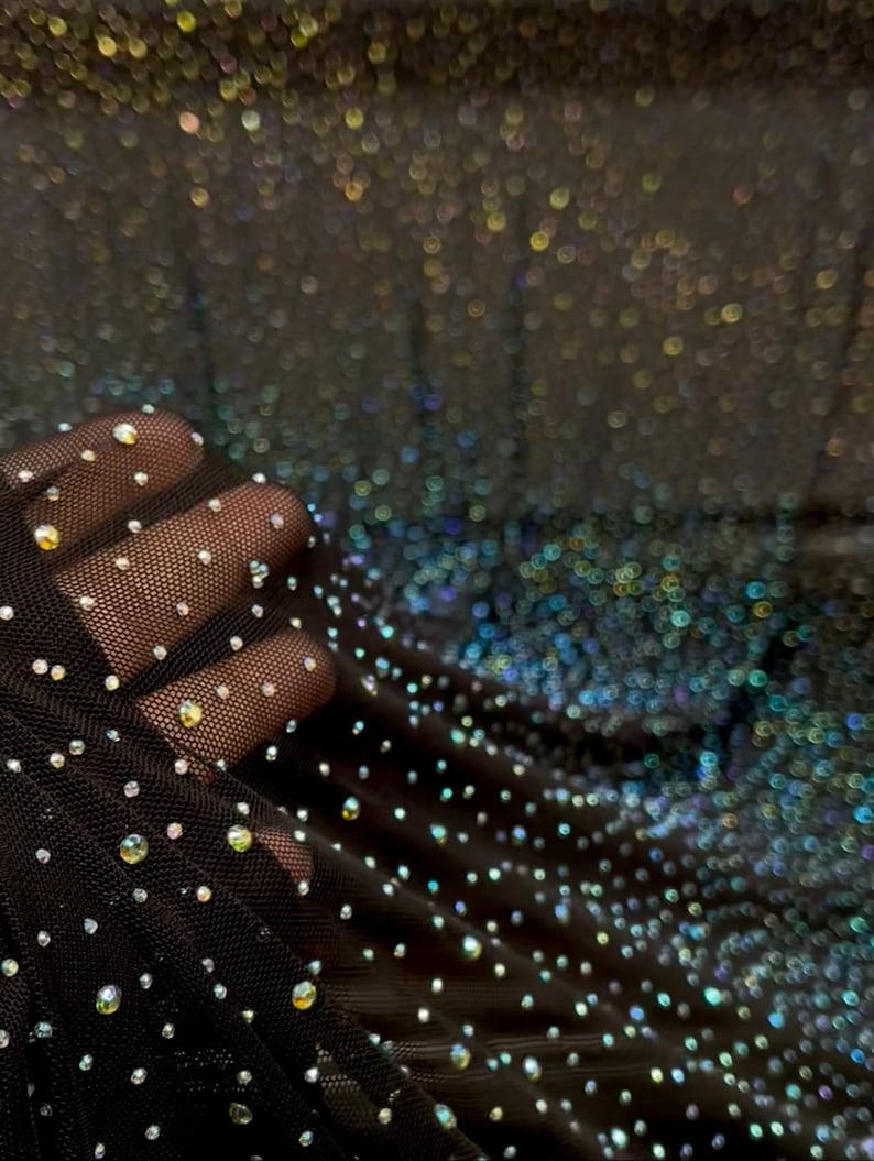 NUEVA Hermosa y elegante malla elástica con diamantes de imitación (multicolor o alineados) Tela cortada a medida o rollo (NEGRO) / Tela para nosotros / imagen 1