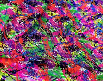 Kleurrijke verfspatten met holografische zebrafolie op stretch nylon spandex stof - 58 tot 60 inch breed - op maat gesneden/bulk