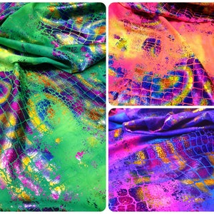 Holographic Shiny Foil Big Reptile Tie Dye Pattern on Bright Stretch Crease Nylon Spandex Fabric - 58 to 60 Inches Wide - By the Yard