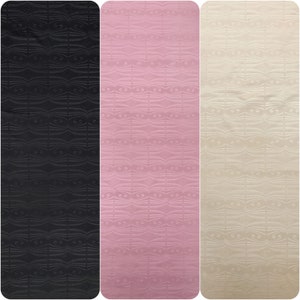 May include: Three fabric swatches with a repeating pattern of stylized waves. The swatches are black, pink, and beige.