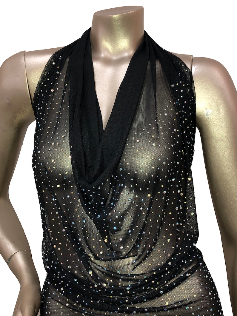 NUEVA Hermosa y elegante malla elástica con diamantes de imitación (multicolor o alineados) Tela cortada a medida o rollo (NEGRO) / Tela para nosotros / imagen 2