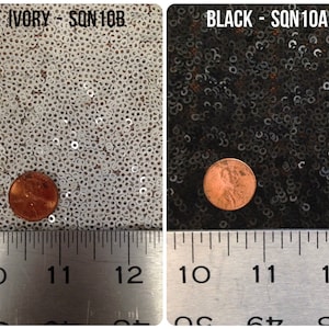 May include: Close-up of two fabric swatches with sequins. A penny is placed on each swatch for scale. The swatch on the left is ivory and the swatch on the right is black. The text "IVORY - SQN10B" is printed above the ivory swatch and the text "BLACK - SQN10A" is printed above the black swatch.