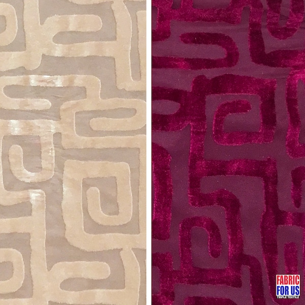 Greek Key Burnout Velvet Pre-Classic Burgundy / Beige 58"/60" Wide