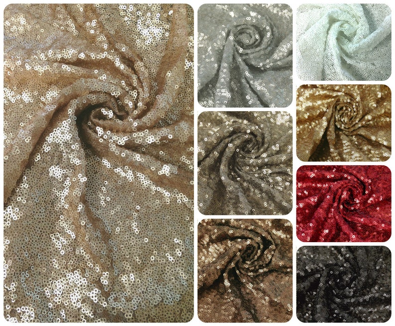 May include: A collage of nine fabric swatches featuring different colors of sequined fabric. The swatches are arranged in a grid pattern, with each swatch showing a close-up of the fabric's texture. The colors include gold, silver, white, red, black, and brown.