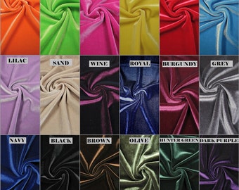 May include: A collection of 18 fabric swatches in various colors, including orange, lime green, magenta, yellow, red, turquoise, lilac, sand, wine, royal blue, burgundy, grey, navy, black, brown, olive, hunter green, and dark purple. The fabric is a velvet material with a soft, plush texture.