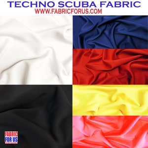 Puede incluir: Un collage de seis muestras de tela en diferentes colores: blanco, azul marino, rojo, negro, amarillo y rosa. La tela es un tejido de punto scuba, conocido por su elasticidad y resistencia al agua. El texto "TECHNO SCUBA FABRIC" y "WWW.FABRICFORUS.COM" se muestra en la parte superior de la imagen.