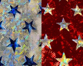 NUOVO tessuto in lamina con stelle olografiche da supereroi blu, bianco o rosso