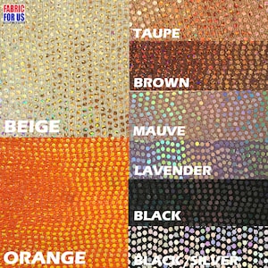 May include: A swatch card showing different colors of iridescent fabric with a repeating pattern of small circles. The colors are beige, orange, taupe, brown, mauve, lavender, black, and black/silver.