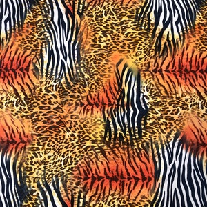 May include: A seamless pattern featuring a mix of tiger, zebra, and leopard prints in shades of orange, black, white, and brown.