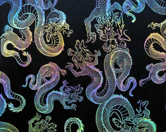 NUOVI 6 COLORI, Draghi asiatici leggendari olografici su tessuto in nylon spandex nero o rosso, larghezza 58"/60" / Tessuto per noi /