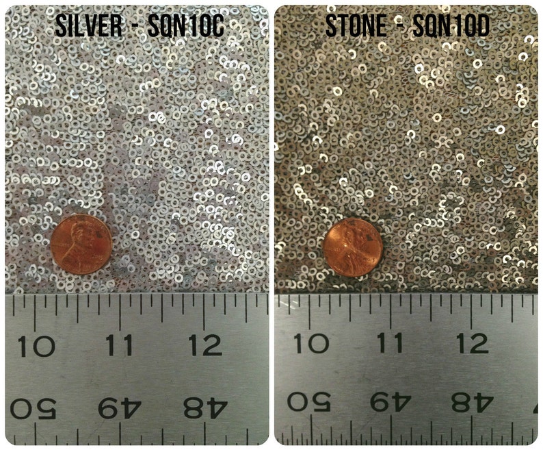 May include: Close-up of two fabric swatches with silver and stone colored sequins. A penny is placed on each swatch for scale. The swatches are labeled "SILVER - SQN 10C" and "STONE - SQN 100D". A ruler is placed below the swatches with markings from 10 to 12 inches.