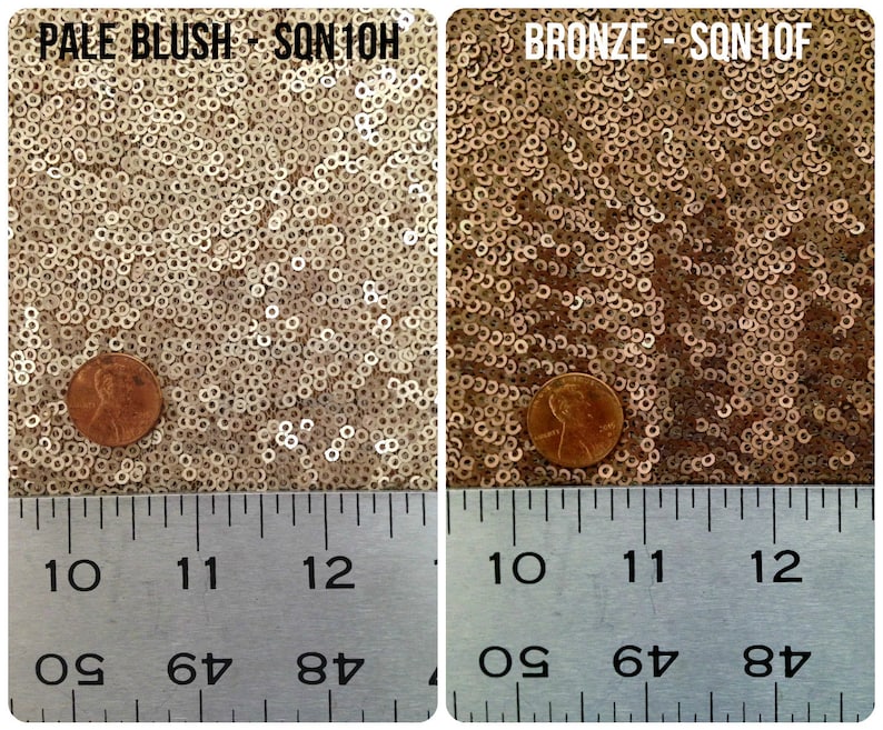 May include: Two swatches of sequin fabric, one in pale blush and one in bronze, with a penny placed on each for scale. The fabric is labeled "Pale Blush - SQN10H" and "Bronze - SQN10F".