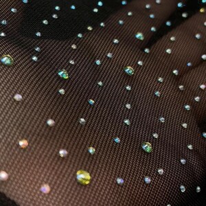 NUEVA Hermosa y elegante malla elástica con diamantes de imitación (multicolor o alineados) Tela cortada a medida o rollo (NEGRO) / Tela para nosotros / imagen 3