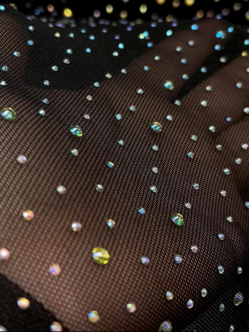 NUEVA Hermosa y elegante malla elástica con diamantes de imitación (multicolor o alineados) Tela cortada a medida o rollo (NEGRO) / Tela para nosotros / imagen 3