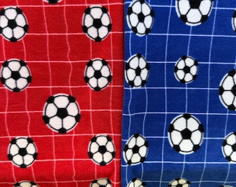 NEW Red or Blue World Cup Soccer Goal with Black and White Checkered Soccer Balls Print on Soft Cozy Fleece by the Yard | Fabric For Us |