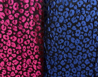 NUOVO tessuto a rete trasparente in velluto blu notte o bordeaux con macchie di leopardo su tessuto a rete nero per noi