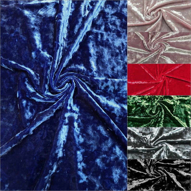 May include: A close-up of crushed velvet fabric in a variety of colours, including blue, pink, red, green, and grey. The fabric has a soft, luxurious feel and is perfect for crafting projects.