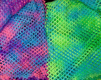 Tie-dye Pattern w/ Silver Glitter Polyester Spandex Stretch Big Hole 0.5 Inch Diamond Mesh |Fabric For Us |