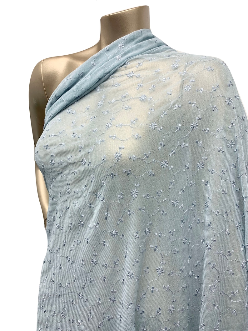 May include: Light blue sheer fabric with a delicate floral embroidery pattern. The fabric is soft and lightweight, making it ideal for a variety of sewing projects.
