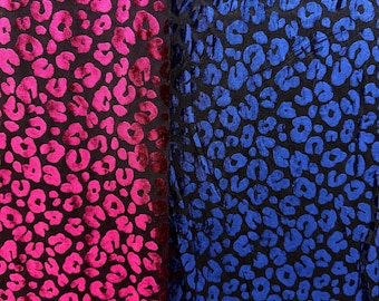 NEW Midnight Blue Or Pink Wine Velvet Leopard Spots on Black See Through Mesh Fabric For Us