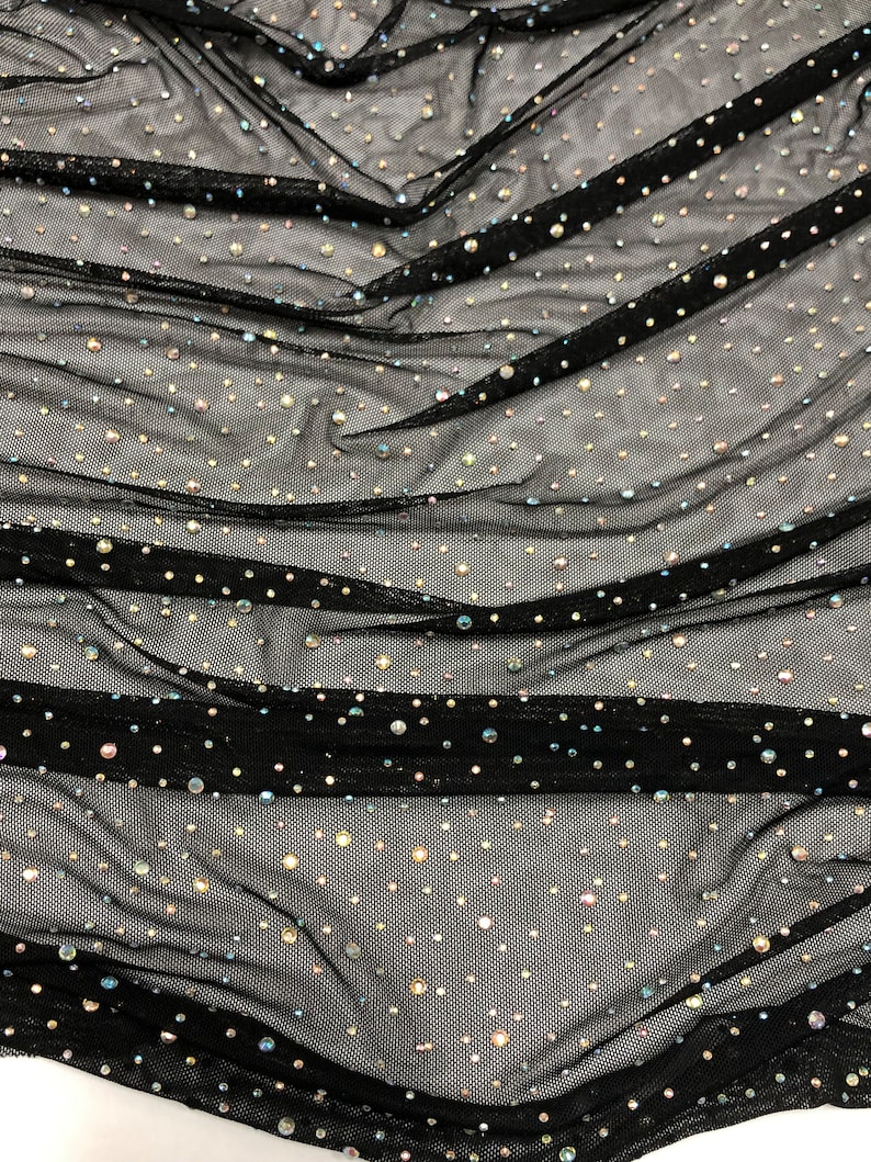 NUEVA Hermosa y elegante malla elástica con diamantes de imitación (multicolor o alineados) Tela cortada a medida o rollo (NEGRO) / Tela para nosotros / imagen 5