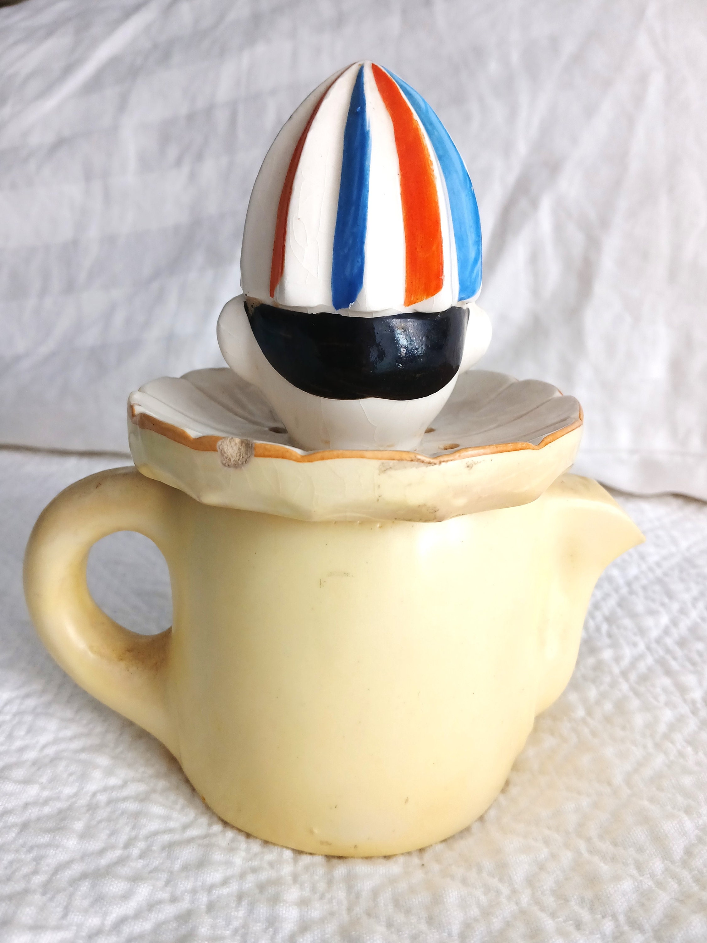 Japan Colorful Clown Ceramic Juicer Vintage 1930's Complete Top