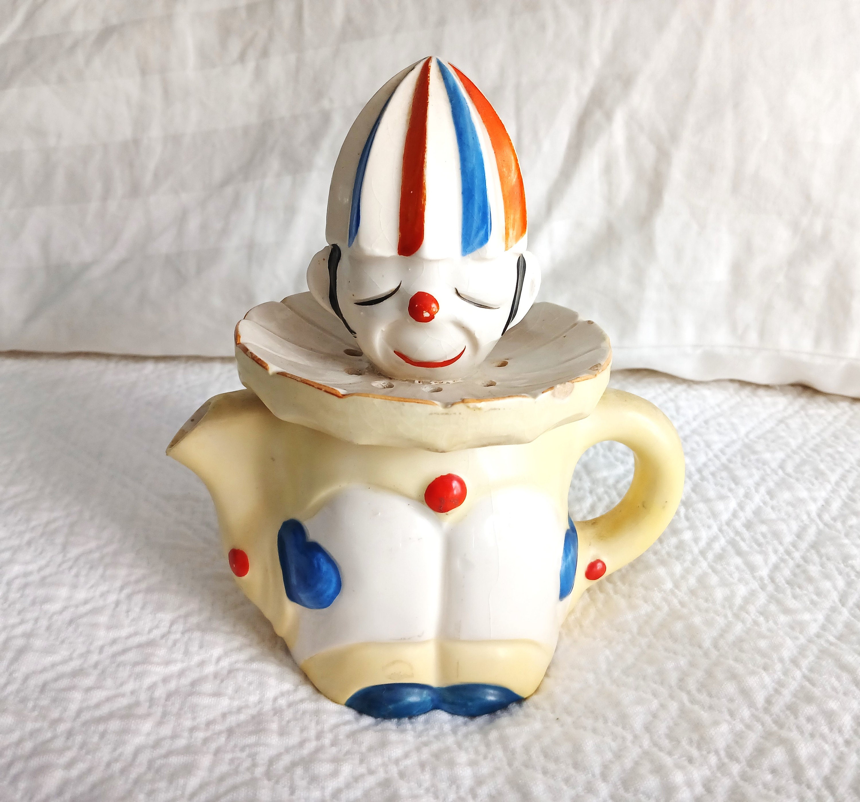 作品【clown】 Japan Colorful Clown Ceramic Juicer Vintage 1930's Complete Top