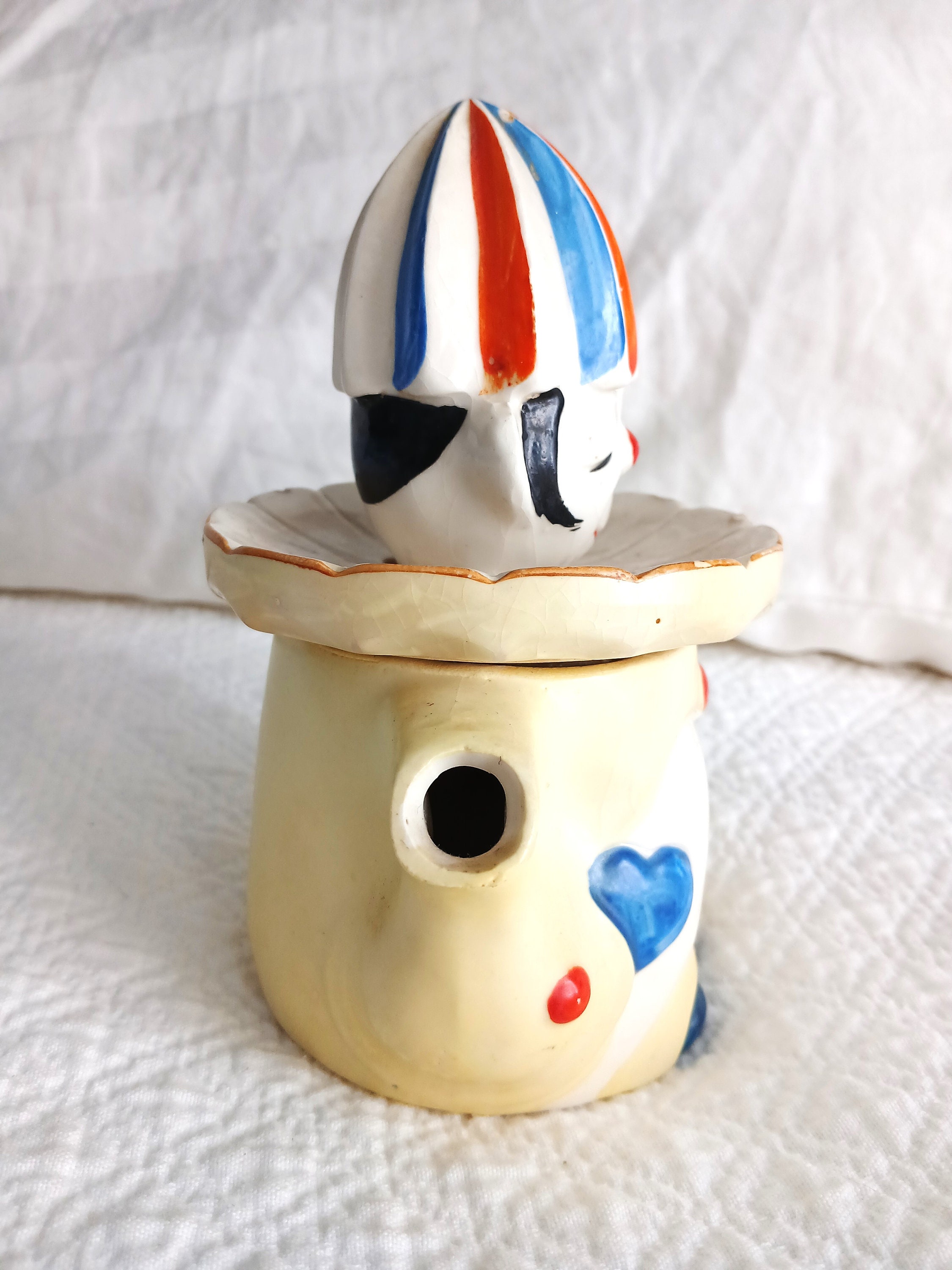 Japan Colorful Clown Ceramic Juicer Vintage 1930's Complete Top