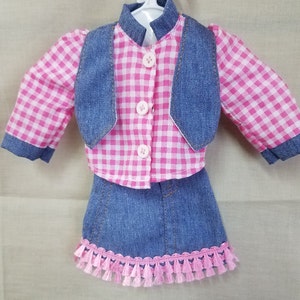 2 pc cowgirl outfit for WW. Blue denim skirt w/trim. Plaid long sleeve shirt w/ denim vest attached. Fits Am Girl Wellie Wisher 14.5&quot; doll.