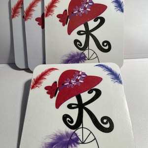 Red Hat Whimsical Monogram Coasters