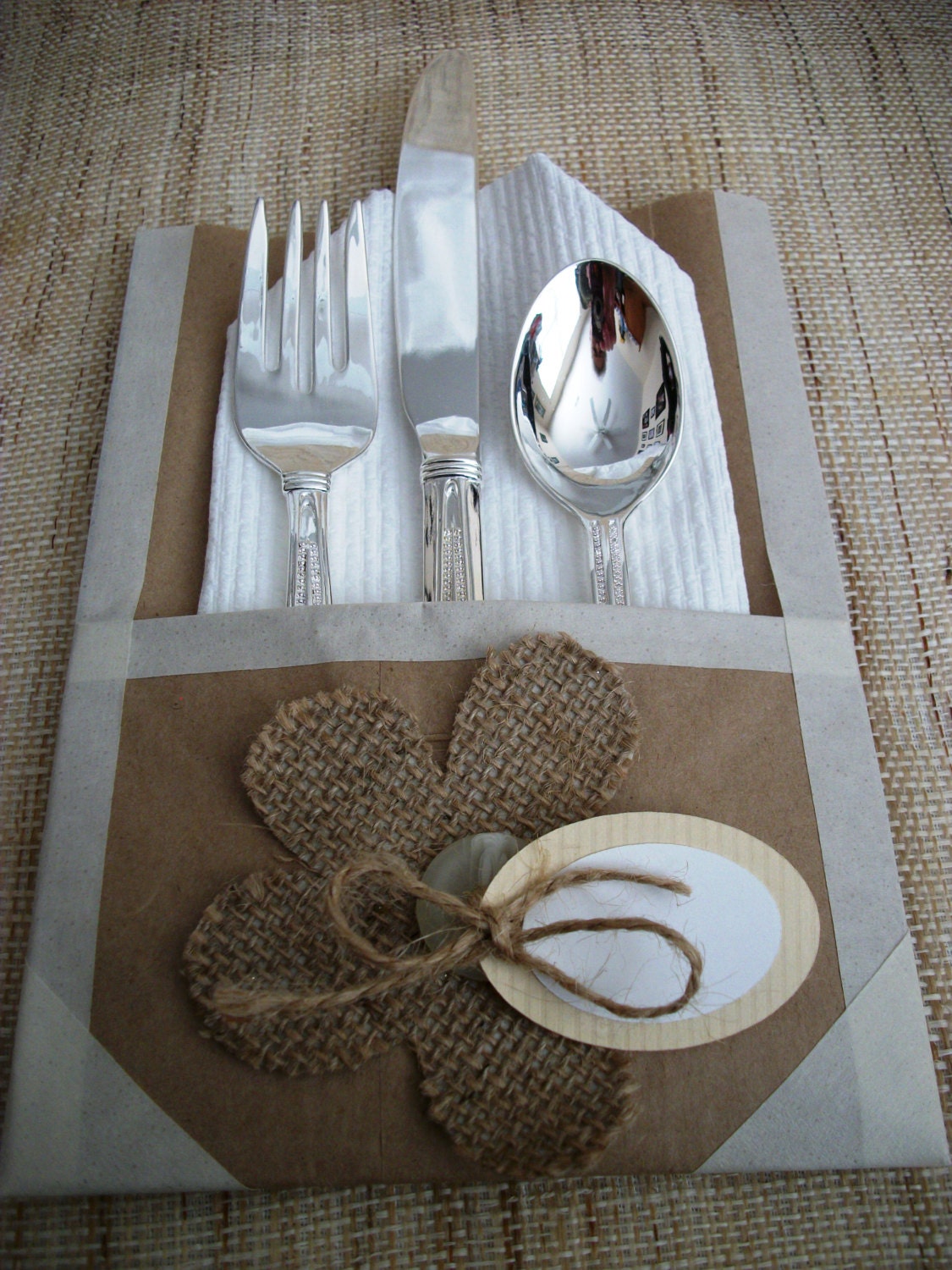 Wedding brown craft paper flatware holders with embellishments Etsy
