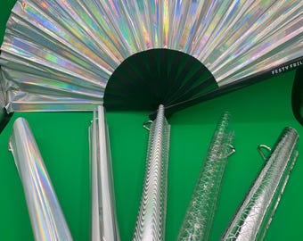 Silver Holographic clack fan and holder combo