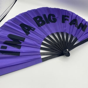 I&#39;M A BIG FAN purple & black large festival clack hand folding fan