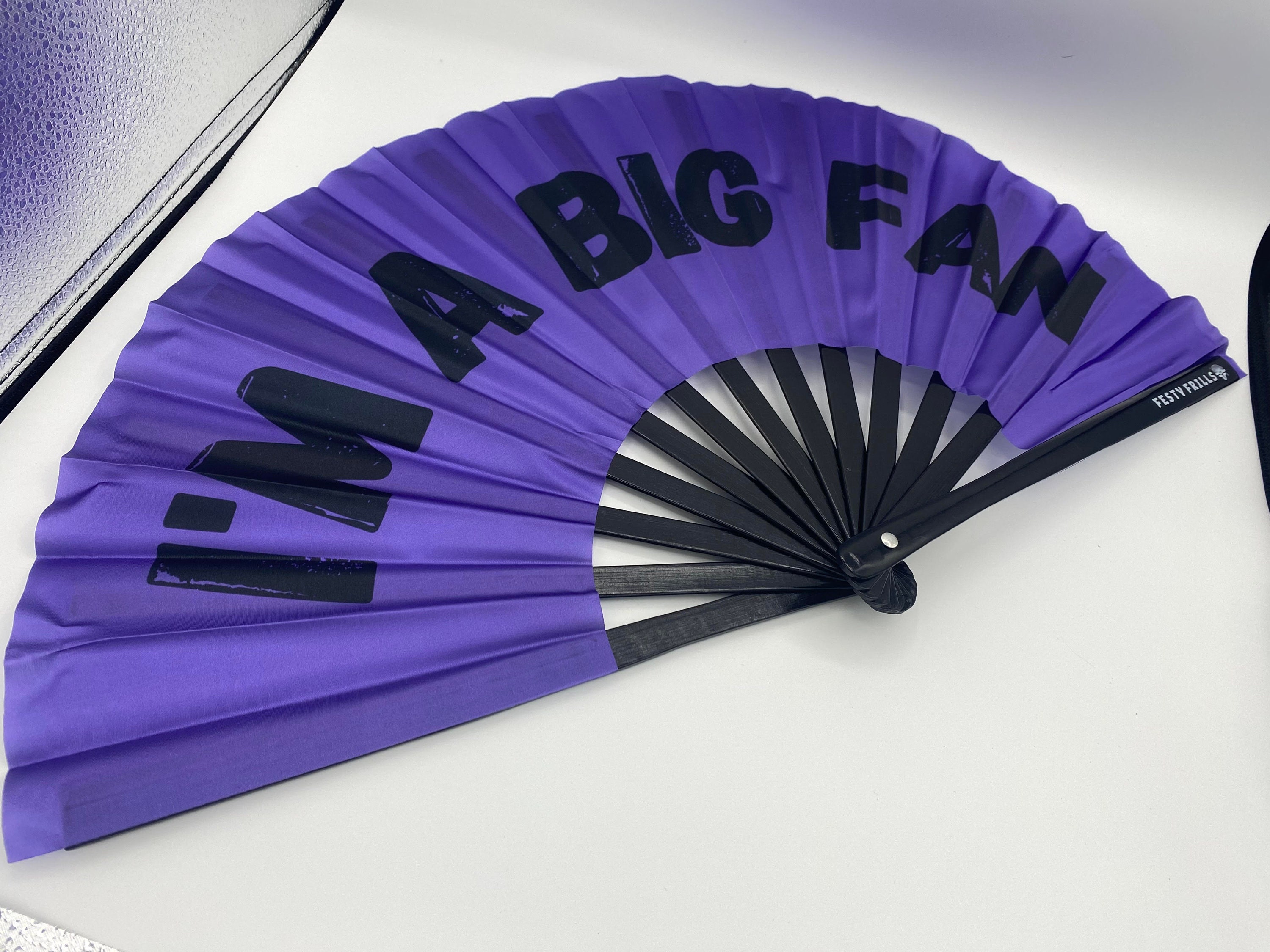 I M A BIG FAN purple black large festival clack hand folding fan