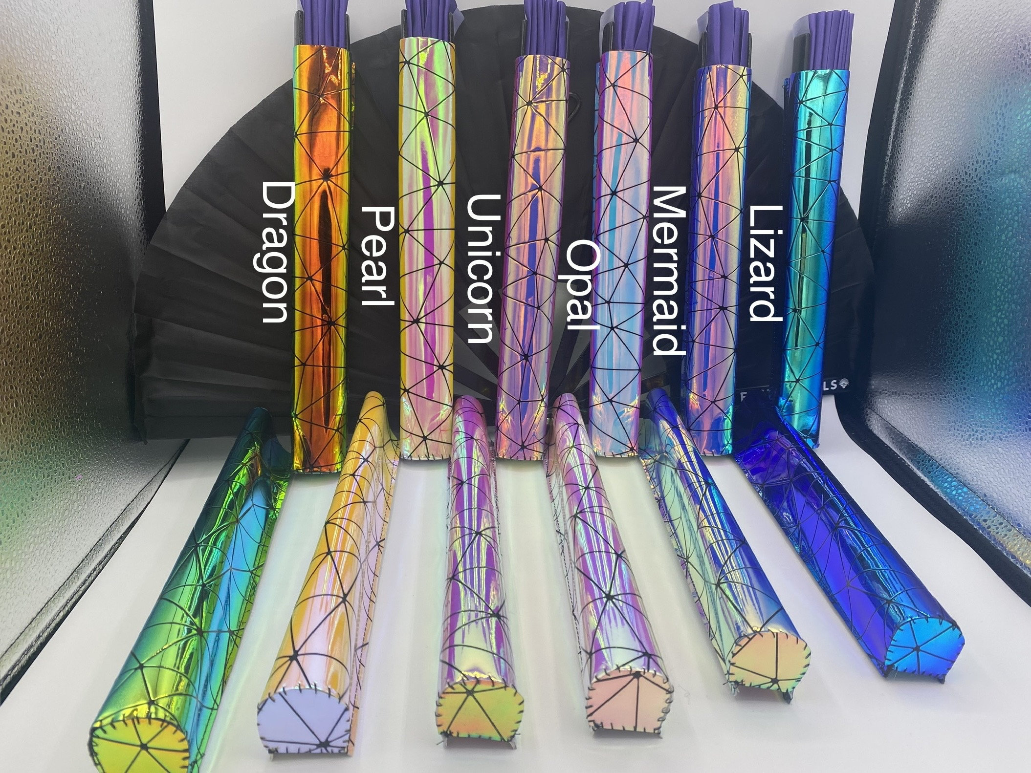 Holographic Geometric Festival Clack Fan Holder with Carabiner Clip