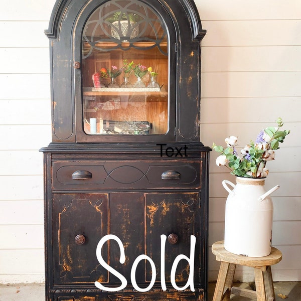 SOLD Stunning and Unique Storage Cabinet Hutch Distressed Black