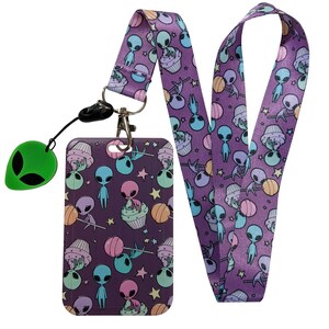 UFO Aliens with Candy Print Lanyard w/ Badge ID Holder and Charm Space Alien Keychain Neck Strap School Work Accessory Card Case Protector