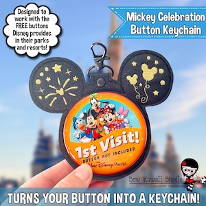 Mickey Celebration Button Keychain | Disney Birthday, First Visit, Shimmer Black with Gold Stitching