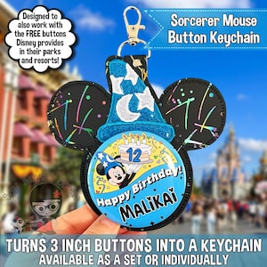 May include: A Sorcerer Mouse button keychain with a blue and black design. The keychain features a button with Mickey Mouse and the text "Happy Birthday! MALIKAI". The keychain is designed to hold 7.6 cm buttons.