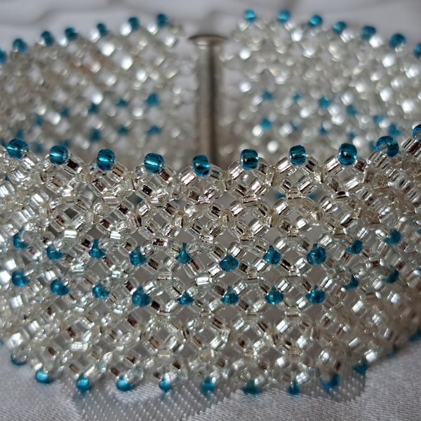 Silver & Turquoise Bracelet, Intricate Seed Bead Right Angle Weave Cuff, Sliding Magnetic Clasp, Handwoven Sparkling Netted One Off Unique