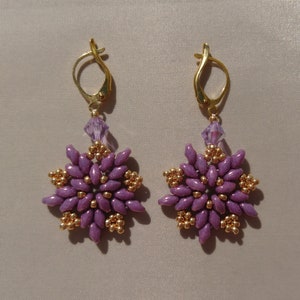 Gold & Purple Czech Preciosa Swarovski Miyuki Superduo Handwoven Beaded Flower Star Dangle Drop Earrings Pierced