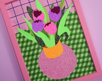Gingham Tulips Glitter Fabric Print