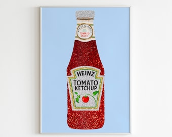 Salsa de tomate Heinz con purpurina, arte de pared retro, decoración de pared, impresión, ilustración y cocina