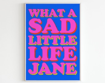 May include: A blue framed print with the text "What a Sad Little Life Jane" in pink letters with yellow outlines.