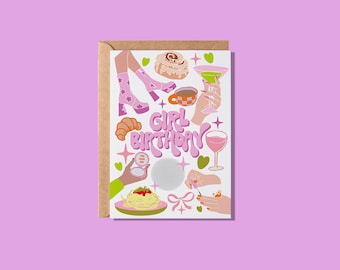 May include: A pink and white birthday card with the text "Girl Birthday" in a retro font. The card features illustrations of a glass of wine, a cup of coffee, a croissant, a pair of pink boots, a compact, a bowl of spaghetti, and a nail polish bottle.