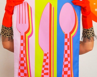 Paño de cocina con diseño de cubiertos de neón